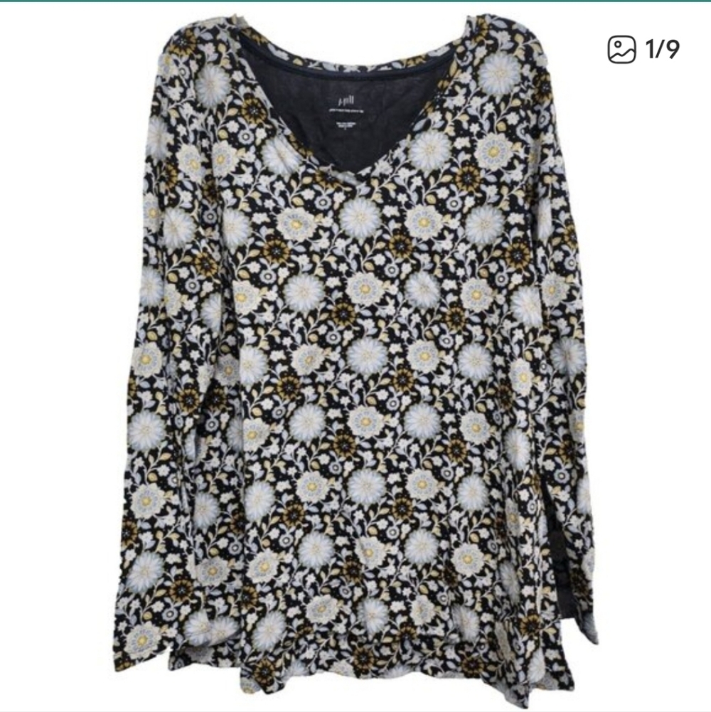 J. Jill V Neck Black and Gold Floral Long Sleeve Top Pima Cotton Large